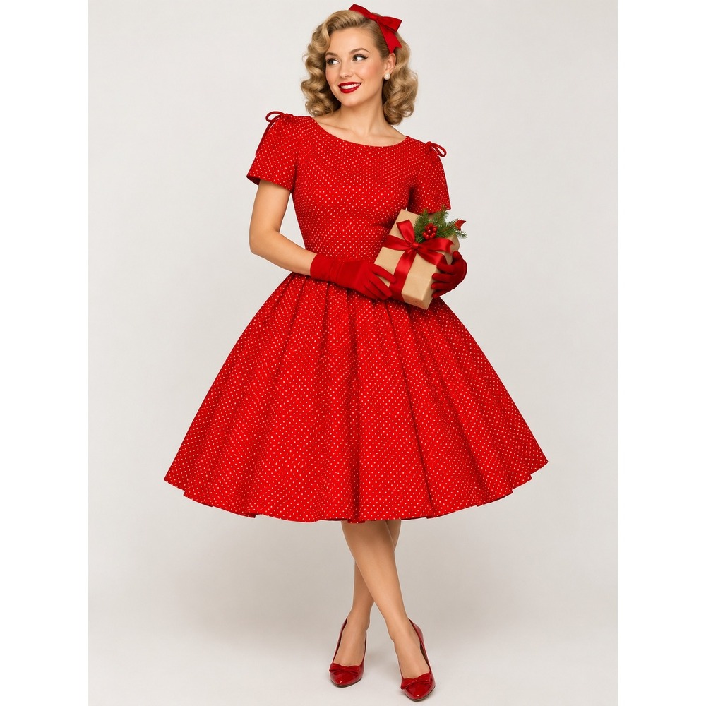 Vintage 1950s Anne Fogarty Red Polka Dot Cotton Full Skirt Dress Mid-Century S